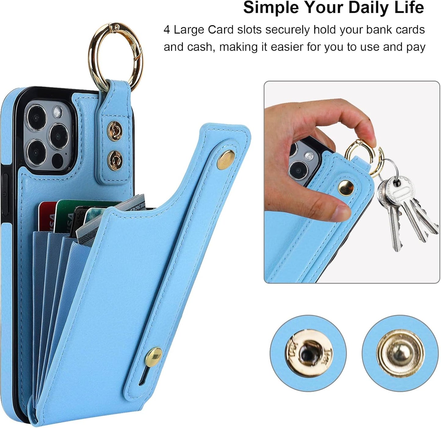 Folosu for iPhone 12/12 Pro Wallet Case with Card Holder, Hand Wrist Strap Loop Holder Kickstand, RFID Blocking Finger Grip Ring PU Leather Double Buttons Shockproof Cover 6.1" Blue"
