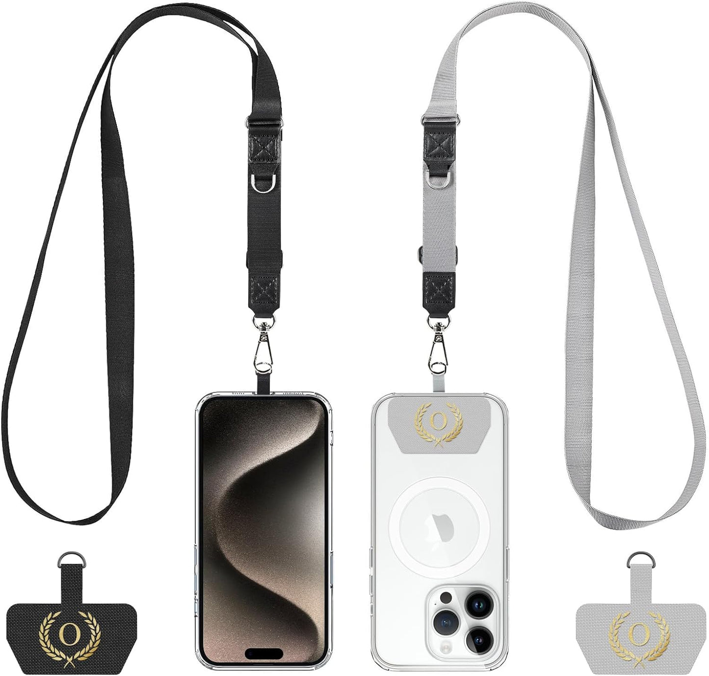 Phone Lanyard 2 Pack, Adjustable Cell Phone Multifuctional Patch Lanyards,Compatible with Most Smartphones and Wallets Keys ID Badges Travel Essentials(Black+Gray) (Lanyard Letter Sign O)