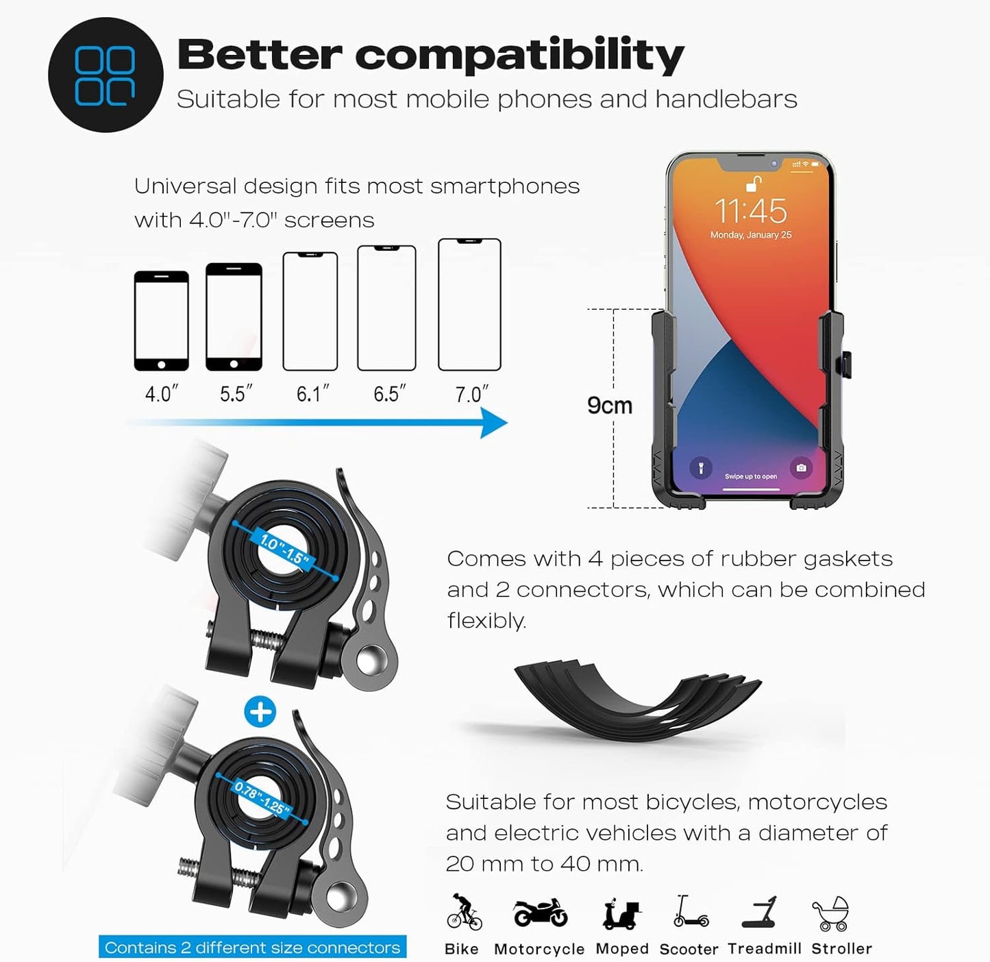 New Upgraded Bike Phone Mount Holder Two Connectors Quickly Lock and Release,360°Rotatable Bicycle Motorcycle Scooter Accessories Handlebar Phone Clip Suitable for 4.0"-7.0"" Smartphone (Purple)"