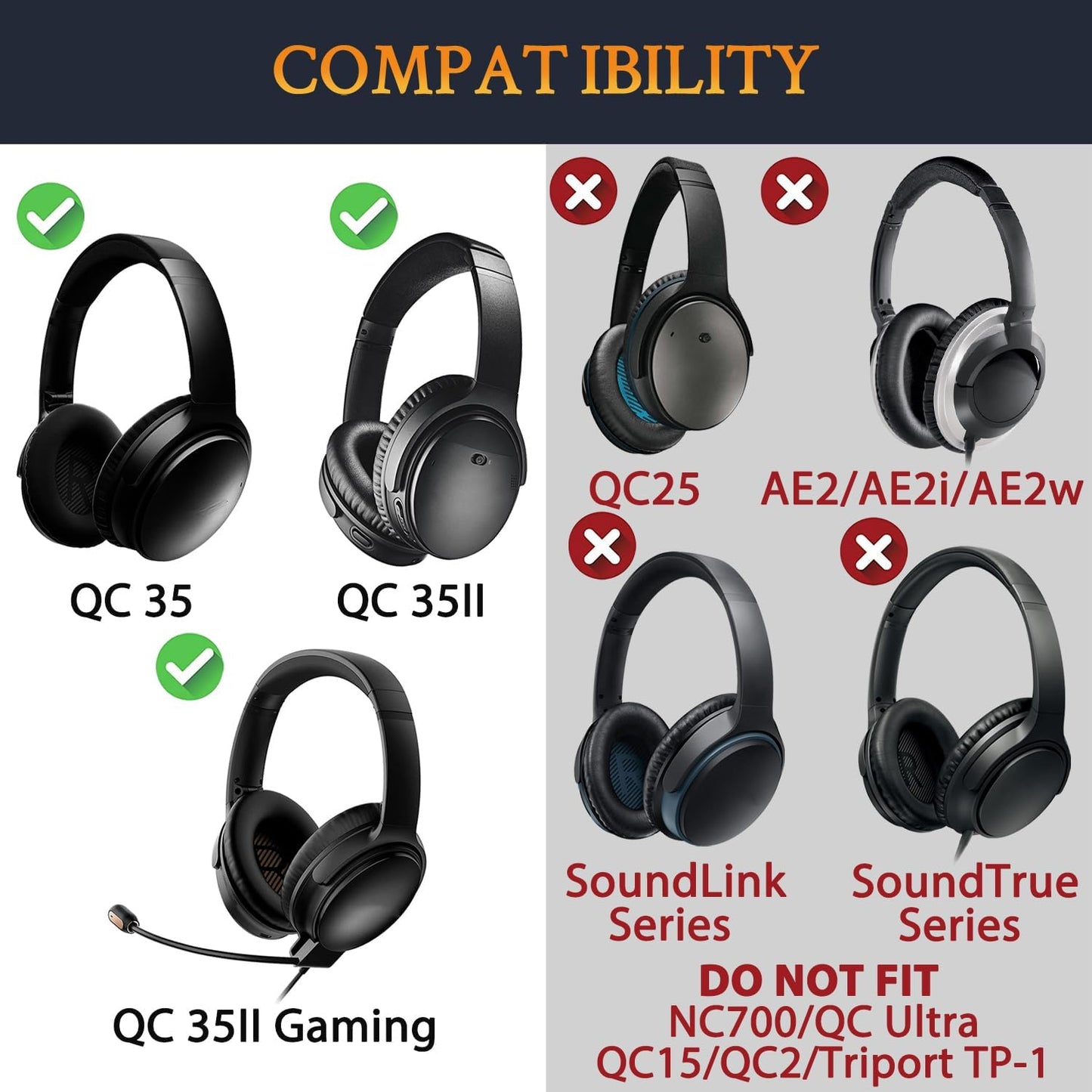 SOULWIT Ear Pads Cushions + Headband + Silicone Earpads Cover Protector, Replacement Kit for Bose QuietComfort 35 QC35, QC35 ii Over-Ear Headphones - Black
