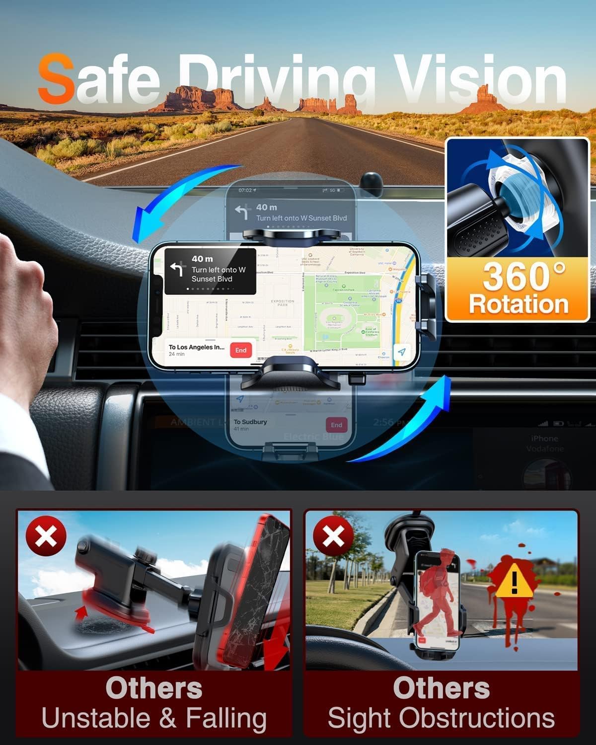 VANMASS Car Phone Holder Mount 2025 Upgraded [Patent Steel-Hook] Car Vent Phone Mount Clip Military-Grade Shockproof Cell Phone Car Mount Handsfree Truck Stand Vent Cradle for iPhone 16 Android,Blue
