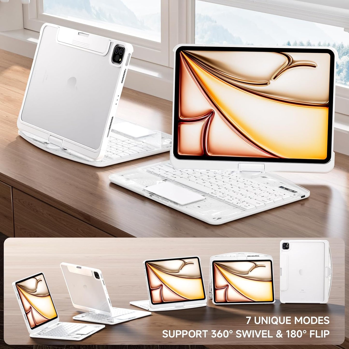 Transparent Case with Keyboard for iPad 9th (7th, 8th, and 9th Gen) 10.2 Inch,with 7-Color Backlit Wireless Keyboard,360°Rotatable Protective Case Multi-Touch Trackpad,with Pencil Holder,White