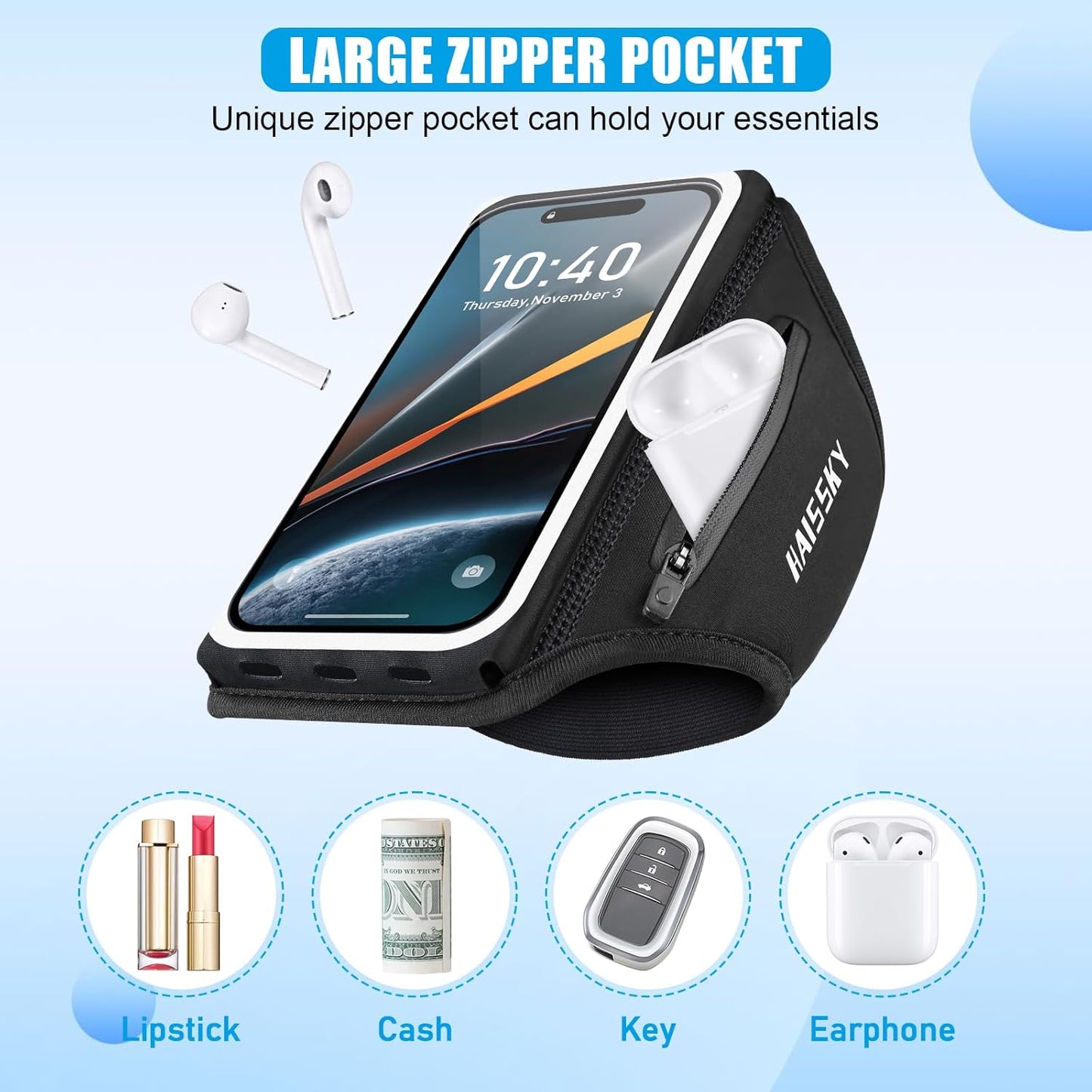 Running Phone Armband with Earphone Holder - 3D Design Cell Phone Armband for iPhone 15/14/13 Pro/Plus & Galaxy S20/S10, Water Resistant Sports Phone Holder with Key Slot for 6.9" Device"