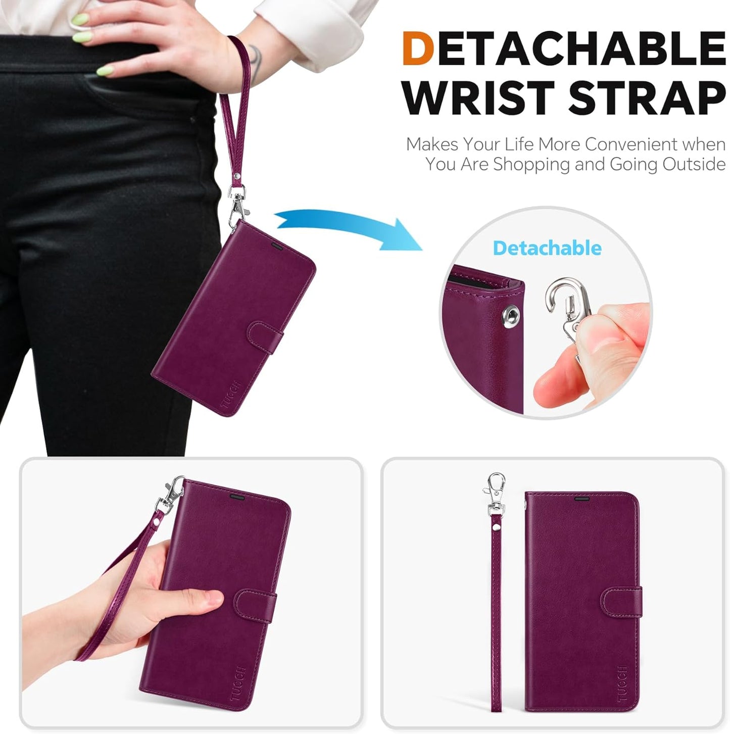 TUCCH Case for Galaxy S25 Edge, [Detachable] 2 in 1 Magnetic PU Leather Wallet Wrist Strap RFID Blocking Wireless Charging 4 Card Holder Kickstand Removable Flip Cover for Galaxy S25 Edge, Plum Purple
