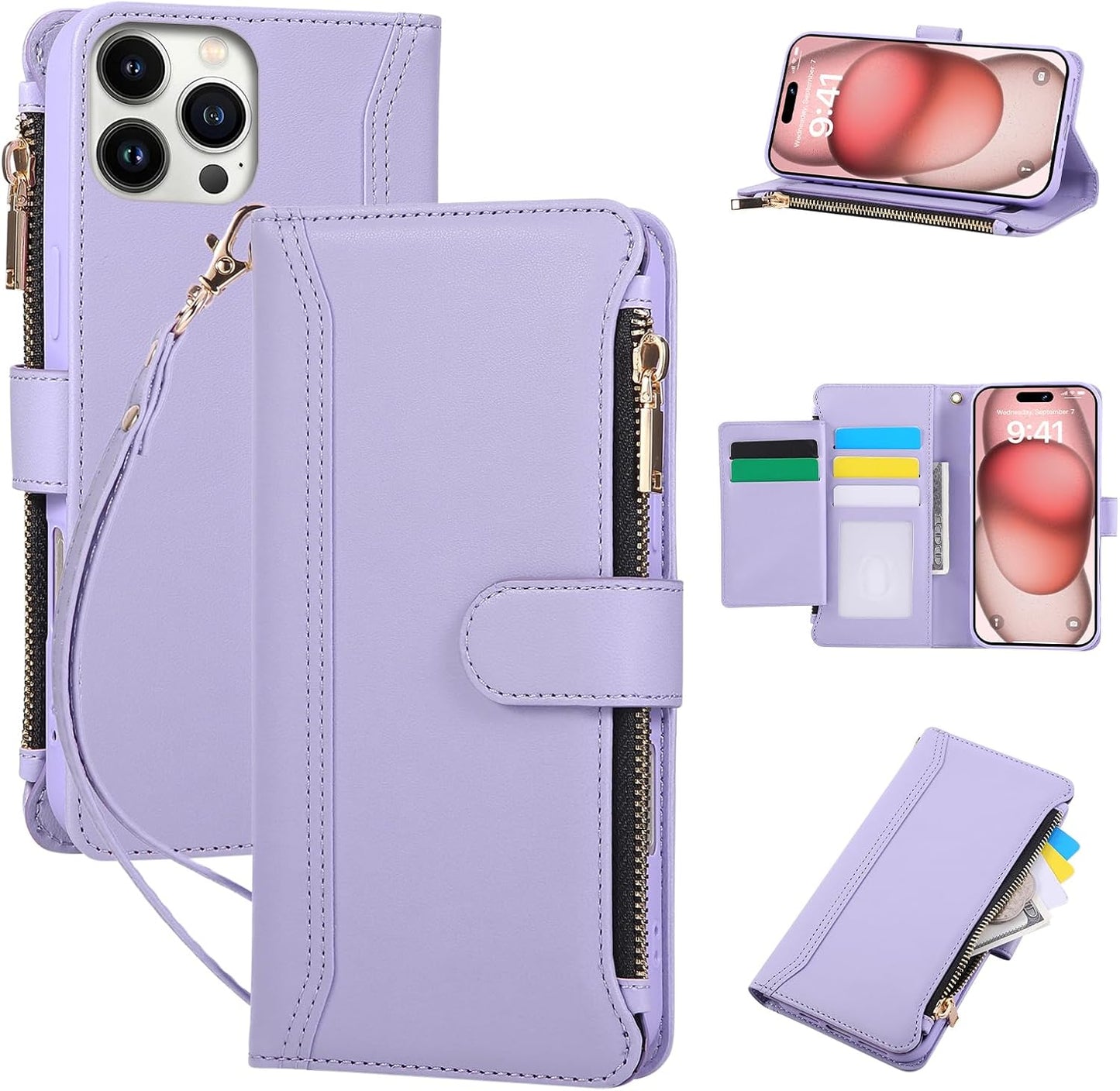 Compatible with iPhone 14 Pro Wallet Phone Case-PU Leather Magnetic Flip Cover with Credit Card Slots,Zipper Pocket & Detachable Wrist Strap,Shockproof Design,for Women and Men-Purple