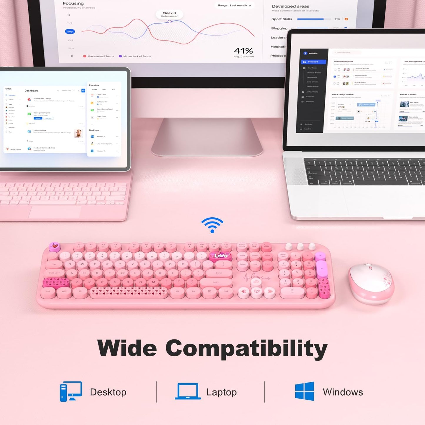 KNOWSQT Wireless Keyboard and Mouse Combo - Lovely Pink Rainbow Full-Sized Typewriter Colorful Keyboards, Round Keycap USB Plug Play Retro Cute Keyboards for Windows, Laptop, PC, Desktop, Computer