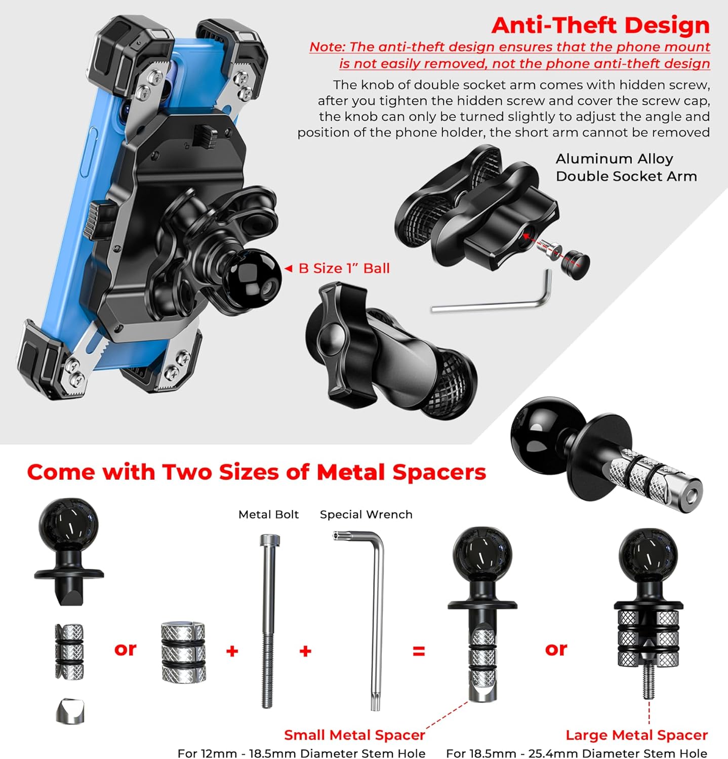 Motorcycle Fork Stem Phone Mount with Vibration Dampener, Motorcycle Cell Phone Holder with Aluminum Alloy Anti-Theft Short Arm, Fit 12mm to 25.4mm Diameter Stem Tubes, for 5.5"-7.2"" Phones"