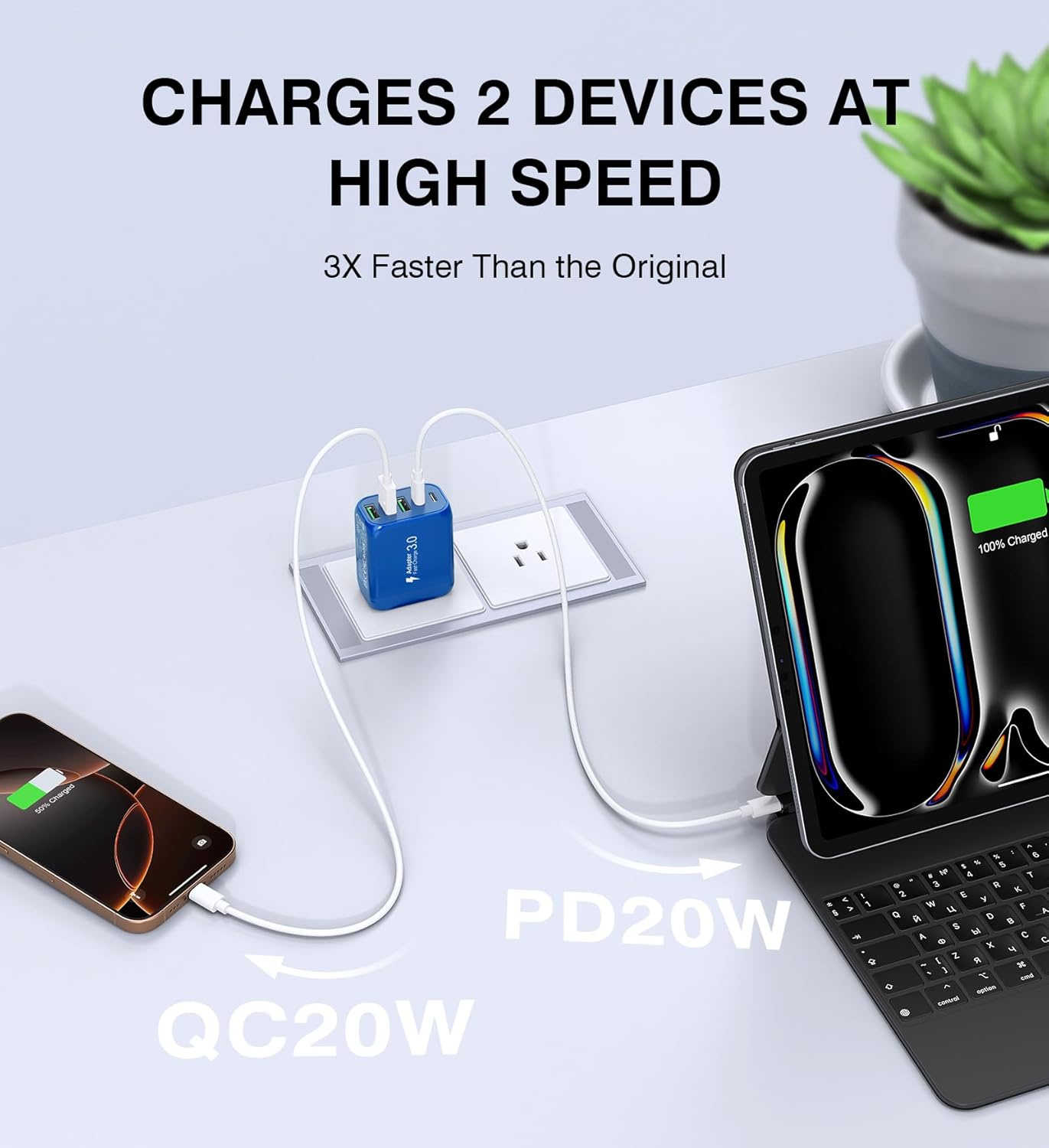 (2-Pack) 50W USB C Wall Charger Block, 5-Port C Charger Fast Charging Block PD Power Adapter +QC 3.0 Multiport Type C Box Brick Cube USB A Wall Plug for iPhone 16/15/14 Pro Max,Samsung (Dark Blue)