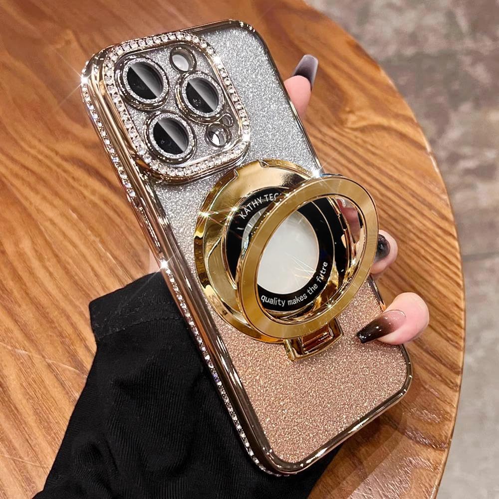 Magnetic Kickstand (Glitter Lens Protector ) Case for iPhone 15 14 13 12 Pro Max (Compatible with Magsafe ) Sparkling Diamond Cover Glitter Shiny Rhinestone Cases (Gold,for iPhone 14 Plus)