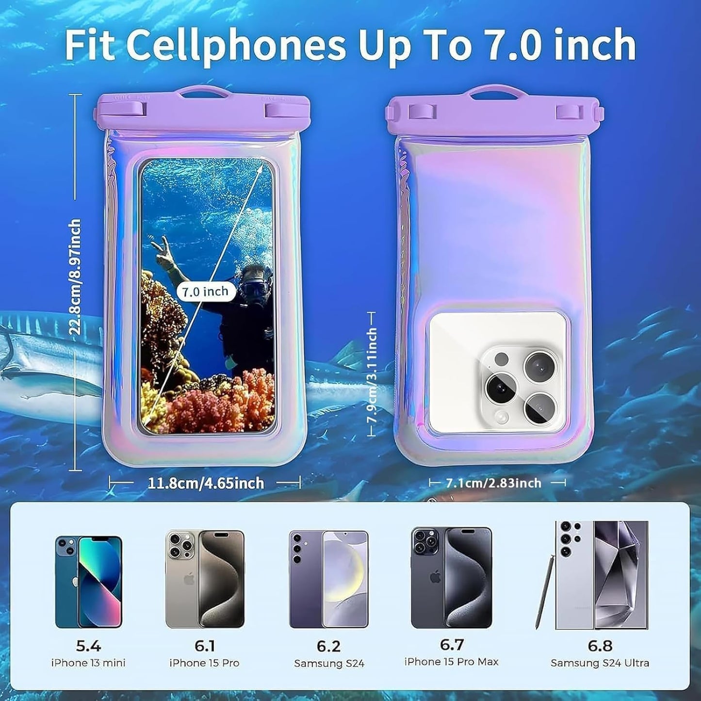 Floatable Waterproof Phone Pouch Case for iPhone 16 Pro Max/15/14/13/12, IP68 Travel Cellphone Dry Bag Beach Cruise Ship Essentials Bags with Crossbody Lanyard, Iridescent Purple-7″