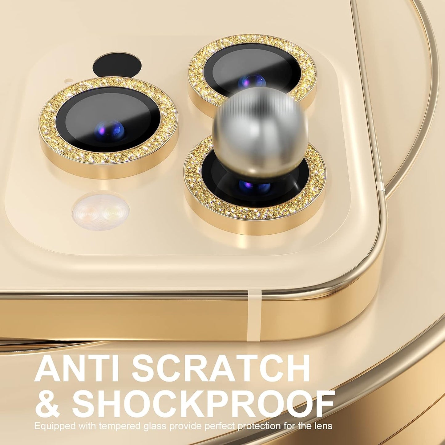 Choiche [3+1 for iPhone 14 Pro/iPhone 14 Pro Max Camera Lens Protector Bling, 9H Tempered Glass Camera Cover Screen Protector Metal Ring Decoration Accessories (Glitter-Gold)