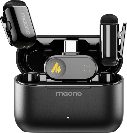MAONO Wave T1 Mini Wireless Lavalier Microphone for iPhone 16 15 Android Tablet PC with USB-C Plug, Noise Cancellation, AI Voice Filter, 30H Used with Charging Case for Video Recording TikTok YouTube