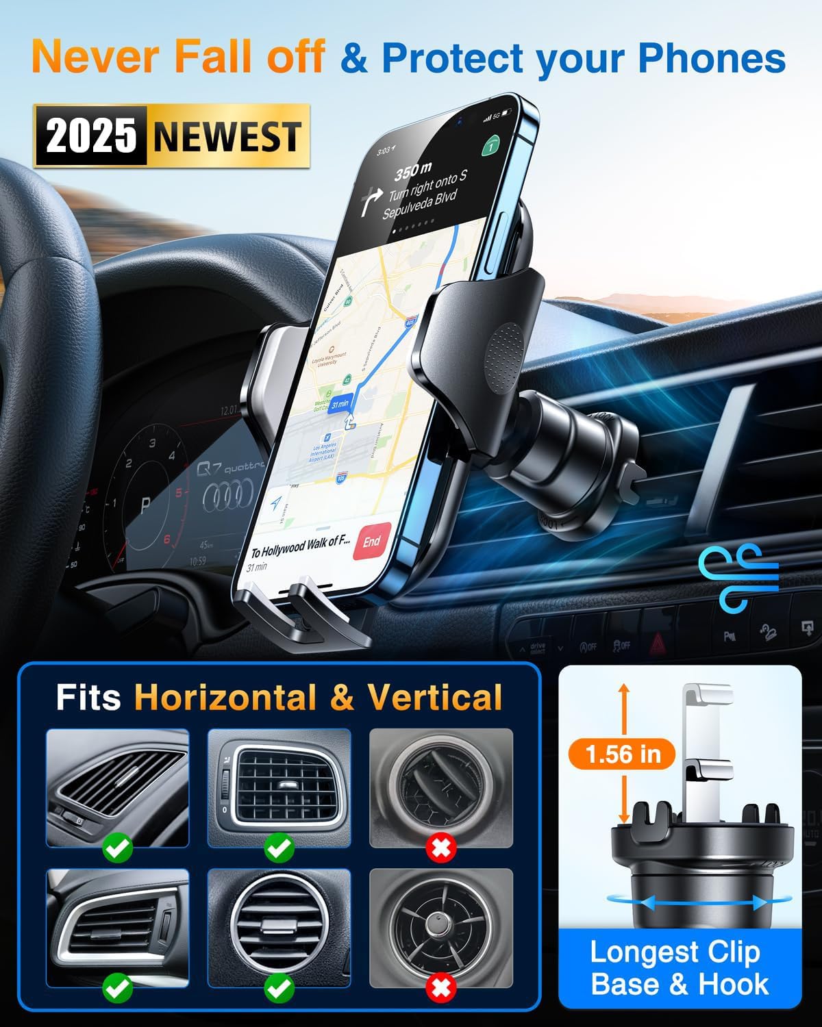 VANMASS Car Phone Holder Mount 2025 Upgraded [Patent Steel-Hook] Car Vent Phone Mount Clip Military-Grade Shockproof Cell Phone Car Mount Handsfree Truck Stand Vent Cradle for iPhone Android,Silvery