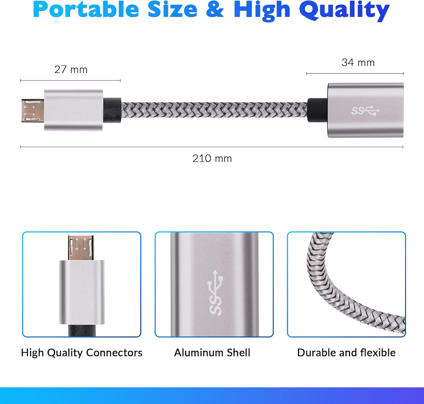USB to Micro USB Adapter 4 Pack, Unidirectional Micro USB Male to USB Female 2.0 OTG On-The-Go Cable Converter, Nylon Braided, Aluminum Shells for S7 LG, Flash Drive, Mouse, Keyboard, Game Controller