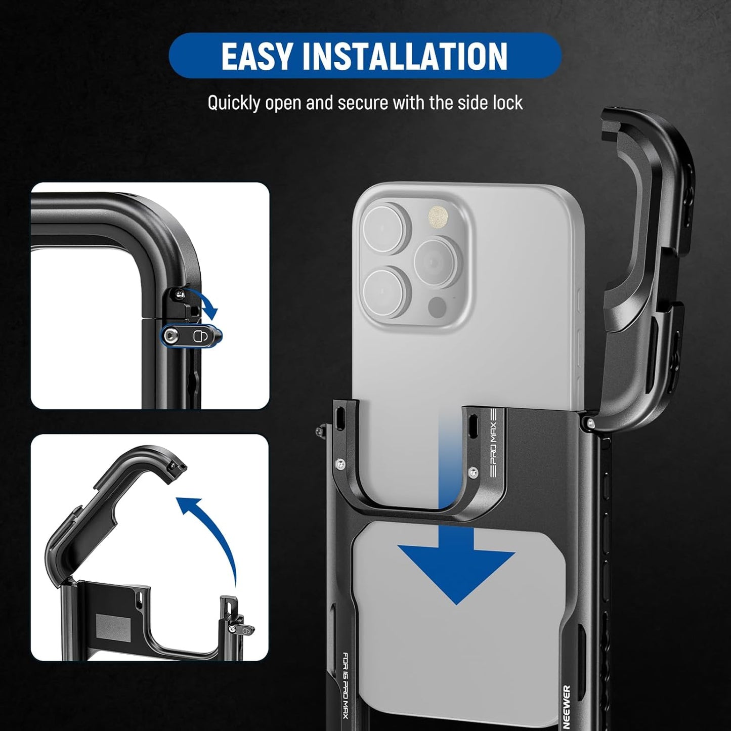 NEEWER 16 Pro Max Cage with Two Quick Release Side Handles, Phone Video Rig Kit with 67mm Filter Adapter, 17mm Lens Mount, T Mount Lens Adapter Compatible with iPhone 16 Pro Max (PA074+PA045E+PA045B)