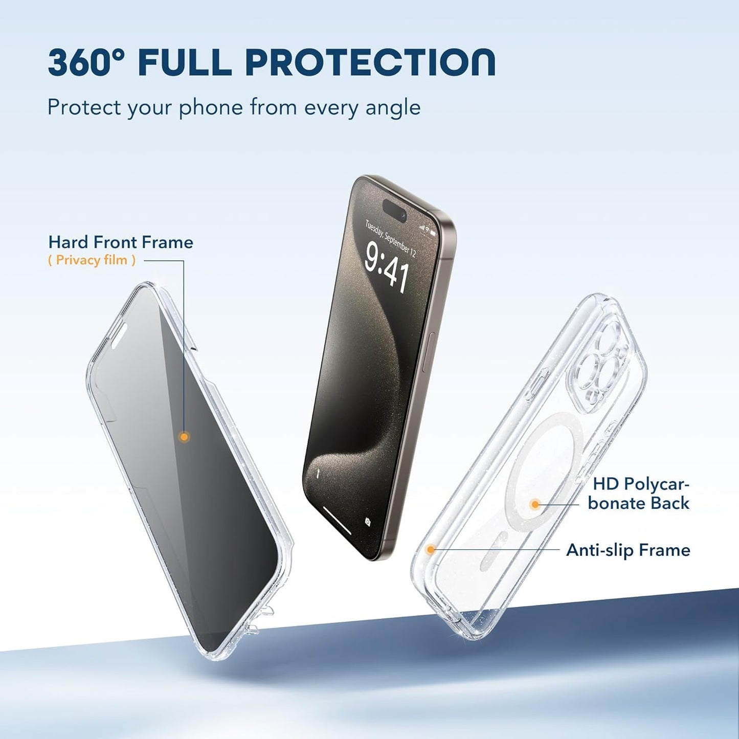Magnetic for iPhone 15 Pro Max Case, Compatible with MagSafe, Built-in Privacy Screen Protector and Camera Protection, Anti Spy Full Body Dustproof Shockproof Hard Phone Case 6.7", Shiny Clear