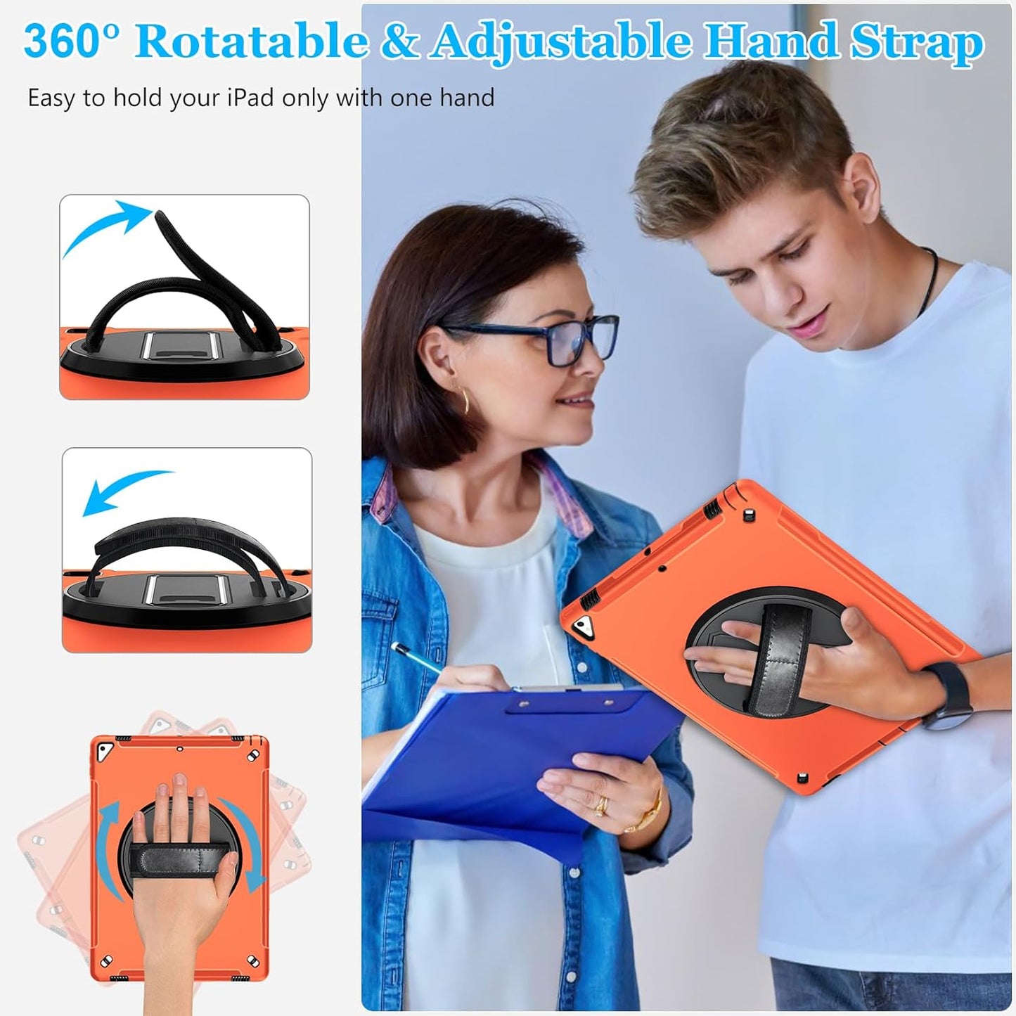 Case for iPad Pro 12.9 2nd Generation 2017 & 2015 1st Generation, Heavy Duty Rugged Shockproof Protective Cover w/ 360° Rotatable Stand + Handle Hand & Shoulder Strap + Pencil Holder-Orange