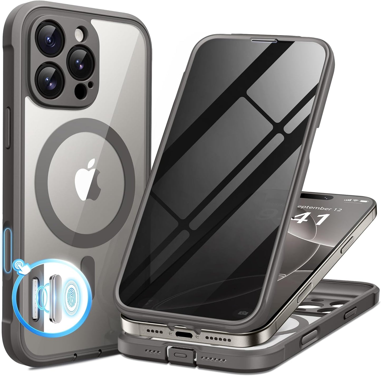 BERFY Magnetic for iPhone 16 Pro Max Case, Compatible with MagSafe, Built-in Privacy Screen Protector and Upgraded Camera Protection, Anti-Spy Full Body Shockproof Phone Case for 16 Pro Max, Dark Grey