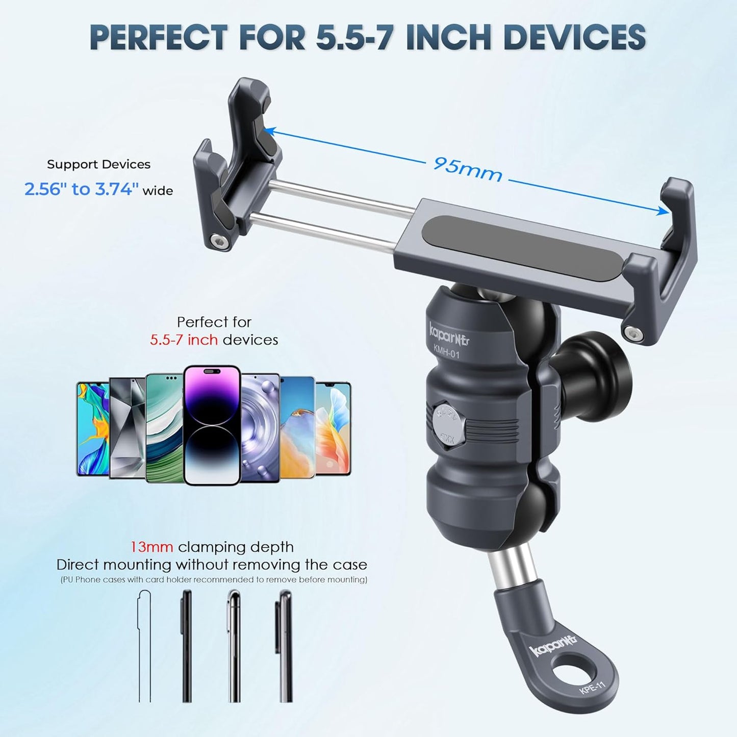 Motorcycle Phone Clip Kit, Anti-Theft Double Socket Arm/Angled Bolt-Head Adapter Ball Base for Mirrors Lever or Round Bar, Suitable for Width of 2.56-3.74" Phone (KPS-04)"