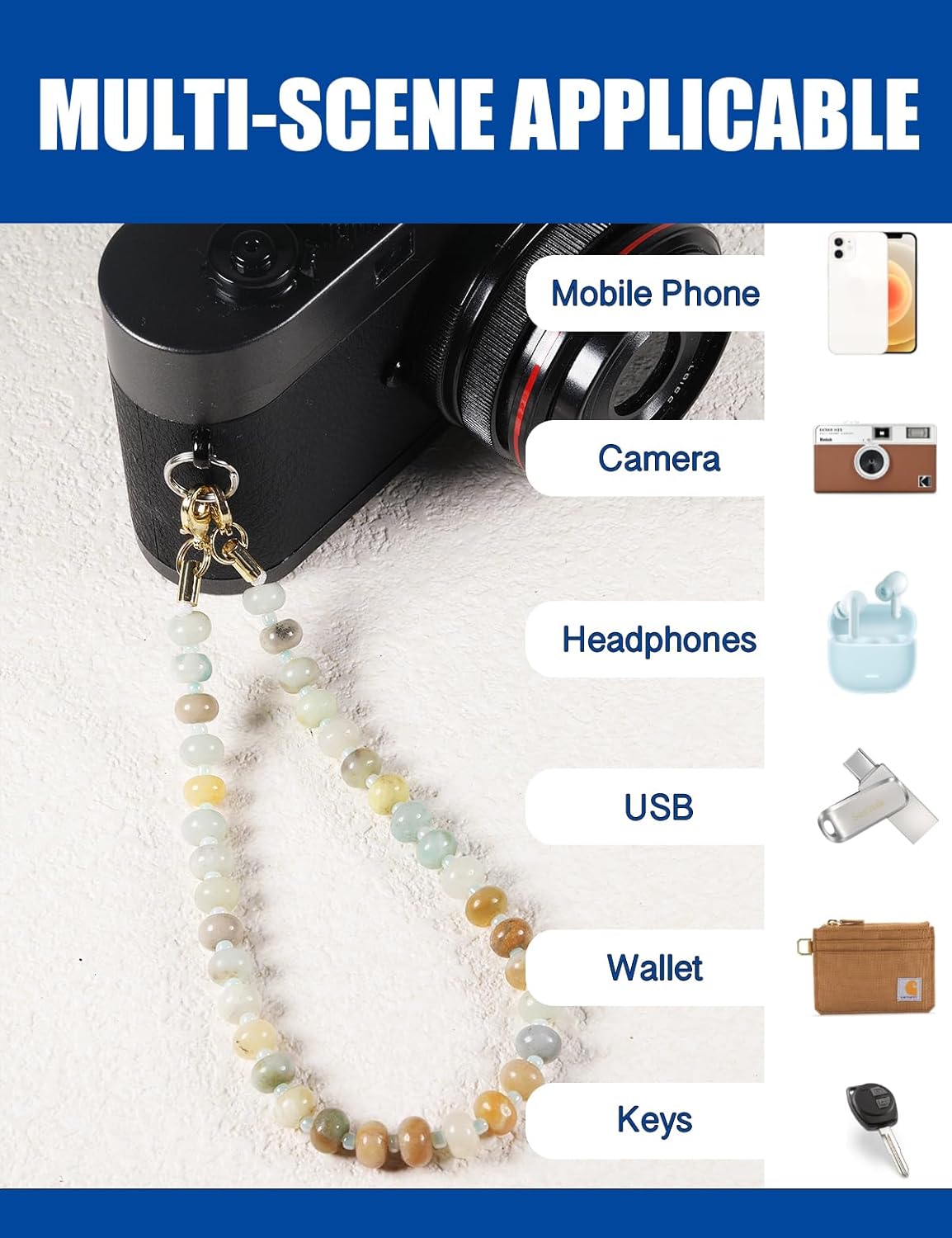 Handmade Natural Gemstone Gold Beaded Charm Cell Phone Camera Lanyard, Wrist Strap, Phone Chain String, Keychain Decor for Wallet, Stanley Cup Accessories (Rose Quartz)