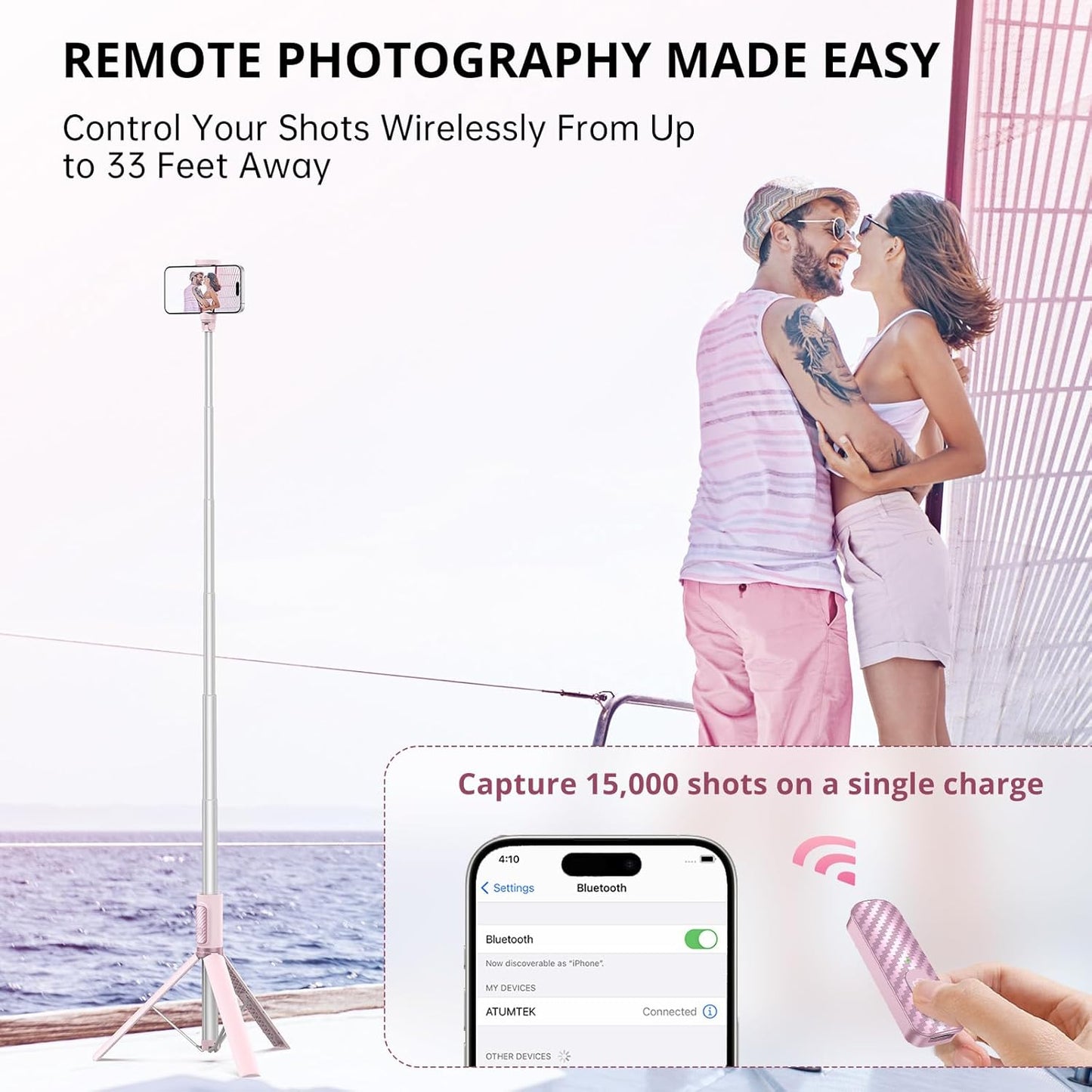 ATUMTEK 55" Selfie Stick Tripod, All-in-one Extendable Aluminum Phone Tripod with Rechargeable Bluetooth Remote for iPhone and More, Fitting 4.7-7 inch Smartphones, Pink