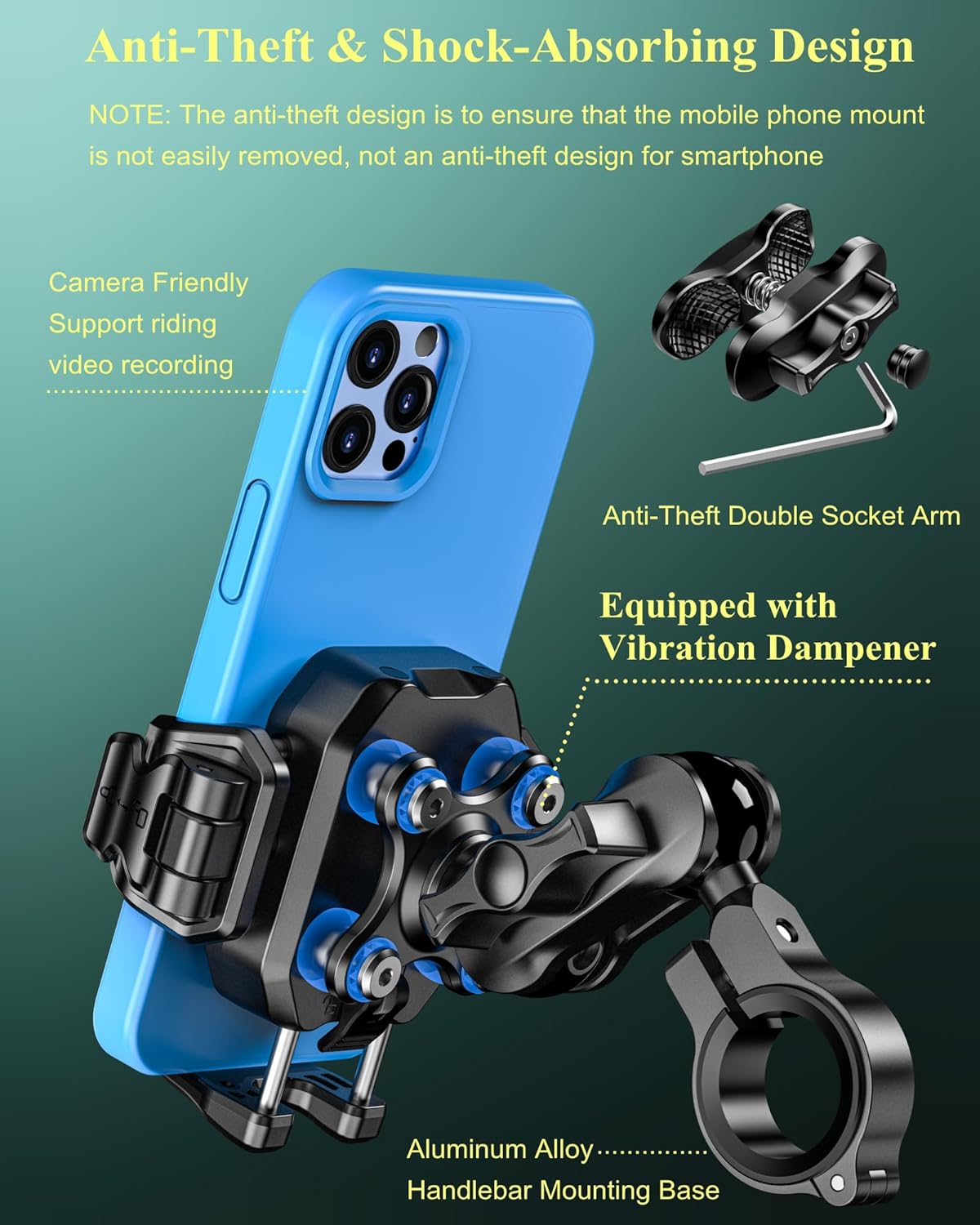 BRCOVAN Anti-Theft Motorcycle Phone Mount with Vibration Dampener, [1s Lock] [Camera Friendly] Handlebar Cellphone Holder for Bike Bicycle Scooter ATV, Adjustable Size Fit 5.4-7.2" Smartphone"