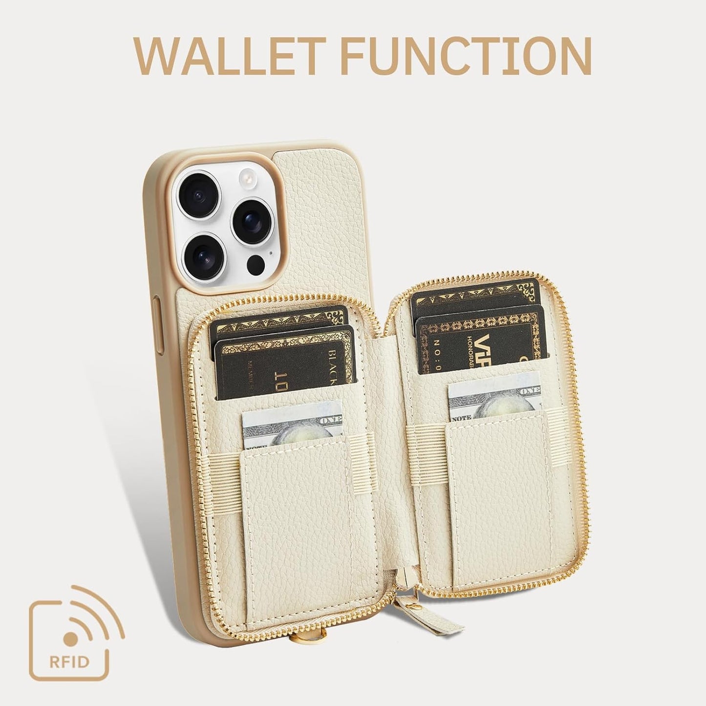 ZVE Wallet Case for iPhone 15 Pro Max, iPhone 15 Pro Max Case Wallet with Card Holder Wrist Strap, RFID Blocking Zipper Leather Cover for Women Gift for iPhone 15 Pro Max, 6.7"(2023) - Beige"