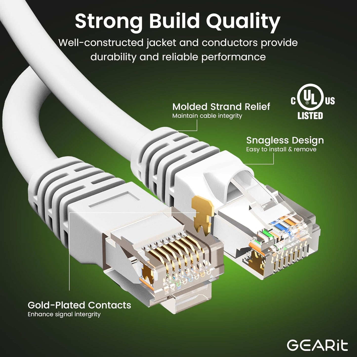 GEARit Cat 6 Ethernet Cable (10-Pack 25 Feet) Cat6 Network Patch, 10Gbps, RJ45, Snagless Cord, Gold-Plated Connectors, Internet for PC, TV, Tablet, Router, Printer, Servers, IT Data Center - White