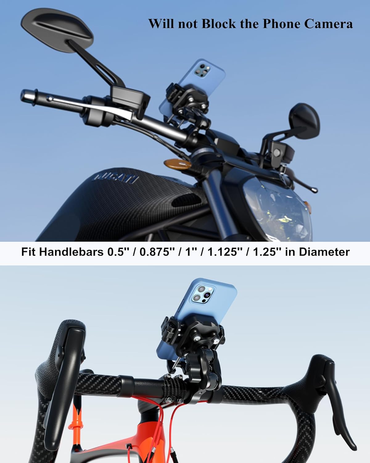 BRCOVAN Anti-Theft Motorcycle Phone Mount with Vibration Dampener, [1s Lock] [Camera Friendly] Handlebar Cellphone Holder for Bike Bicycle Scooter ATV, Adjustable Size Fit 5.4-7.2" Smartphone"