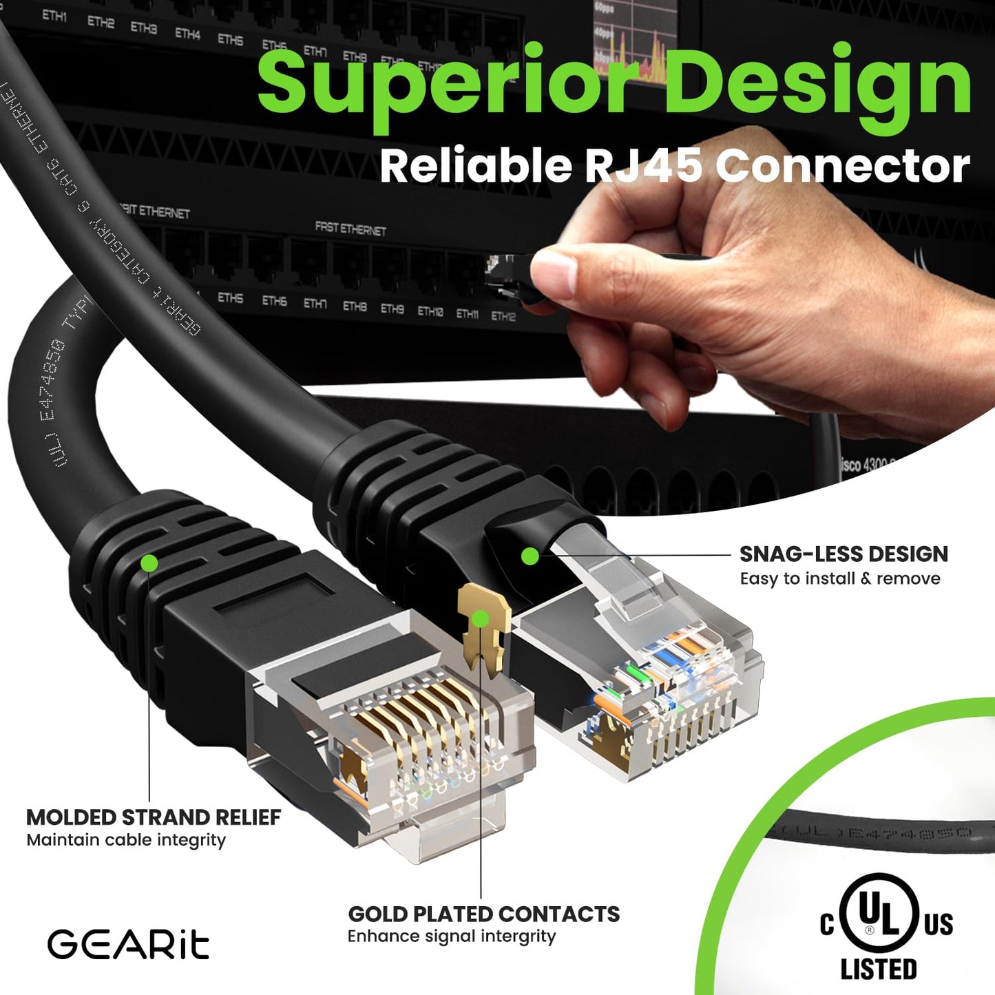 GEARit Cat 6 Ethernet Cable Pack - 5-Pack 30 ft Cat6 Ethernet Patch Cables | RJ45 Network Patch Cable, 10 Gbps Snagless Gold-Plated Connectors - Ethernet Cable Cat 6 for PC, TV, Router - Black