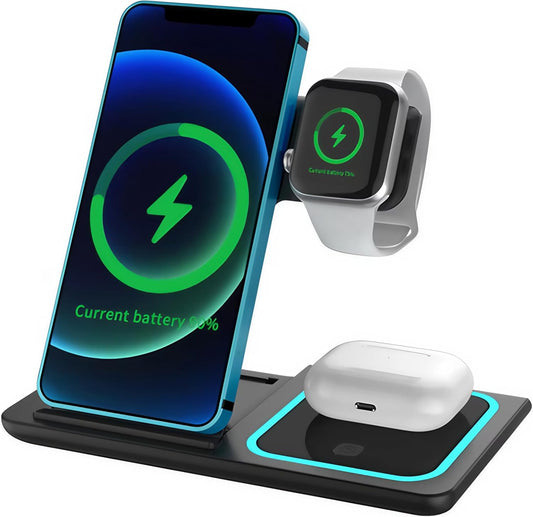2025 Traveling Portable Wireless 3-in-1 Charger for iPhone 16/15/14/13/12/11, Apple Watch 10/9/8/7/6/5/4/3/2/SE/Ultra/Ultra 2, AirPods 2/3/4/Pro – Compact & Stylish Black Dock.