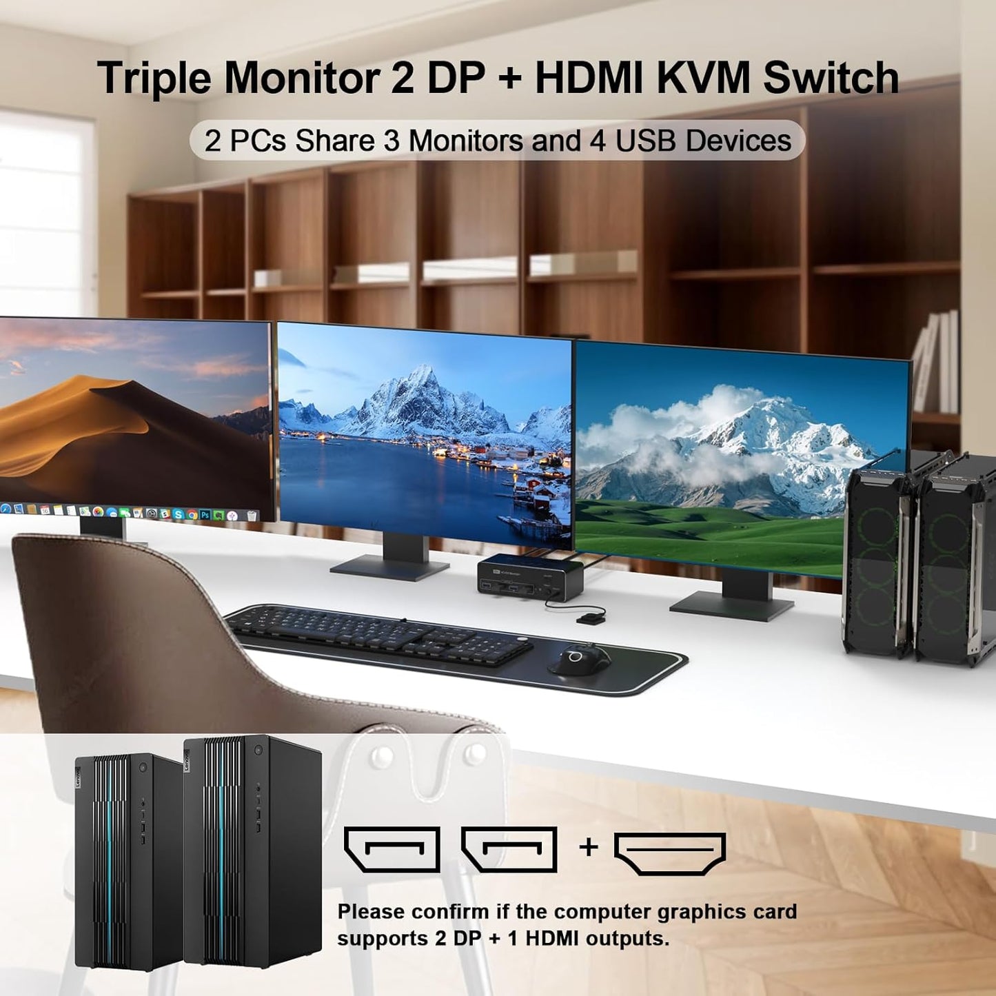 DEMEXBOOK HDMI DisplayPort KVM Switch 3 Monitors 2 Computers 8K@60Hz, 4K@144Hz,Triple Monitor KVM Switches with 4 USB 3.0 Ports, Wired Remote, USB3.0 Cables，Power Adapter Included