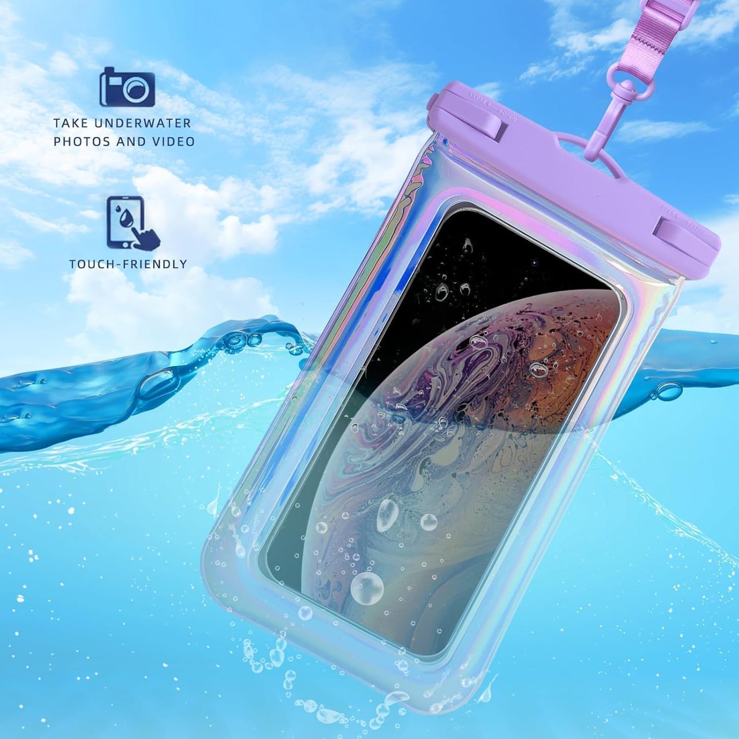 1 Pack Iridescent Waterproof Phone Pouch Compatible with iPhone 12/13/14/15/16 Pro Max, Beach Essentials IP68 Waterproof Dry Bag with Crossbody Lanyard, Purple - 7″
