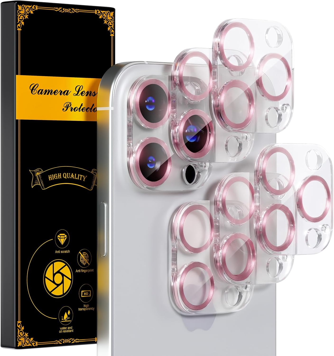 beuxece for 6 Pack iPhone 16 Pro/iPhone 16 Pro Max Camera Lens Protector [Drop Protection] [Case Friendly] [Easy Installation] 9H Tempered Glass Camera Screen Protector Cover, CD Pink
