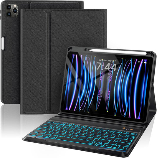 OYEEICE Keyboard Case for iPad Pro 12.9 inch (6th, 5th, 4th Gen) & New Air 13 inch M2, 7 Color Backlit Detachable Wireless Keyboard, Auto Sleep/Wake Cover with Pencil Holder (2022 2021 2020) - Black