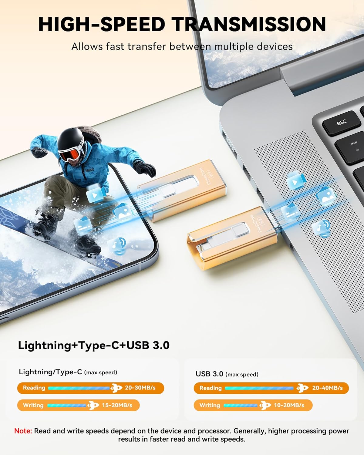 MFi Certified 256GB Flash Drive for iPhone iPad, Photo Stick for External Memory Storage, Easily Back Up and Save Photos Videos, USB Memory Stick Thumb Drive for iPhone/iPad/Android/PC (Gold, 256GB)