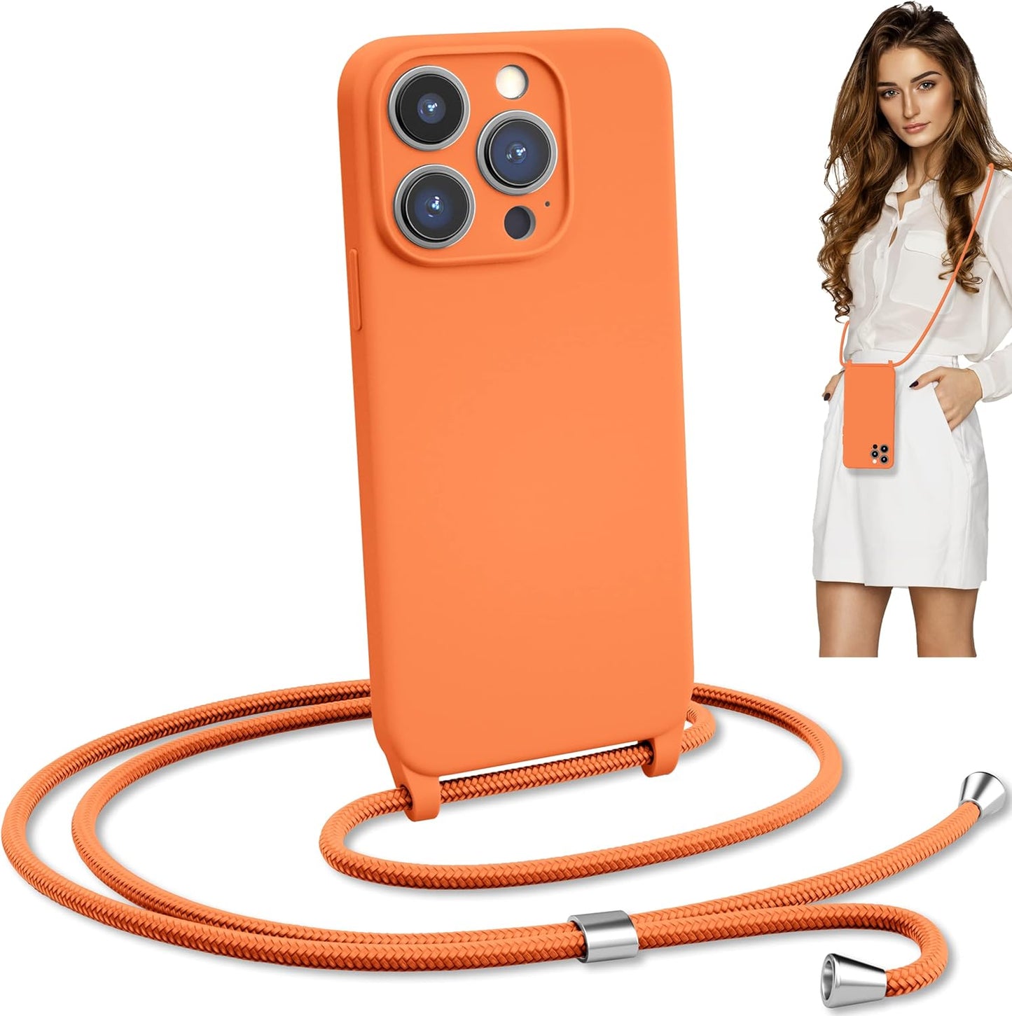 Blaspins Crossbody Lanyard Strap Case for iPhone 13, Neck Cross Body, Adjustable Holder Removable, Drop Protection Shockproof, Hands-Free Silicone Case Cover 6.1 inch, 150 cm Strap, iP13 - Orange