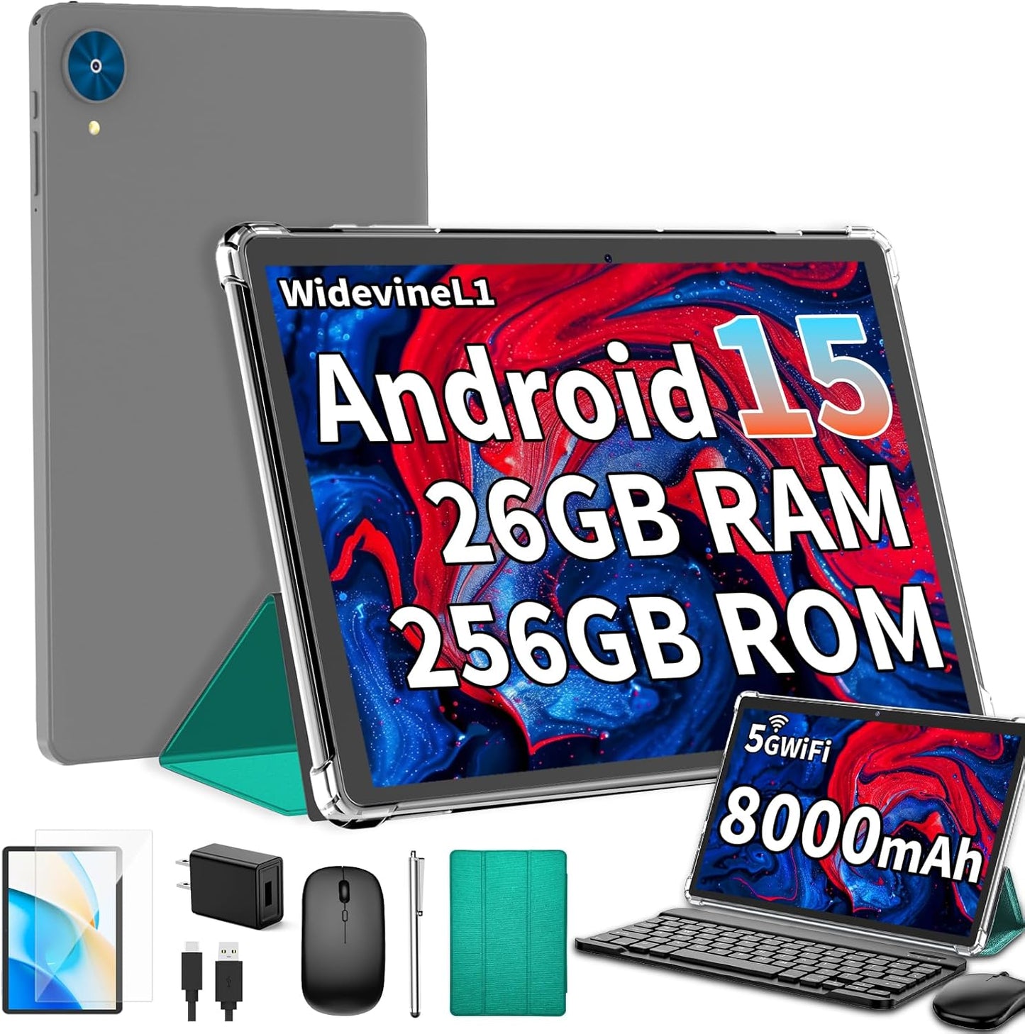 Android 15 Tablet with Keyboard, 26GB+256GB(2TB Expand), 10.1 Inch Tablet 8000 mAh Battery, BT 5.0, 5G WiFi, Widevine L1, Dual Camera, 2 in 1 Tab with Mouse, Case, Stylus(Green)