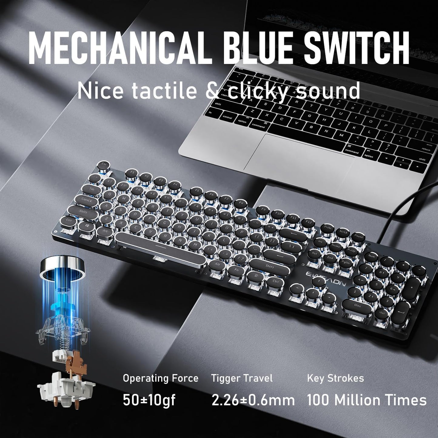 EWEADN TK100 Typewriter Keyboard Wired Mechanical Keyboard, 104 Keys Aesthetic Typewriter Keyboards with White Backlit, Anti-Ghosting, Blue Switch Wired Cute Keyboards-Black