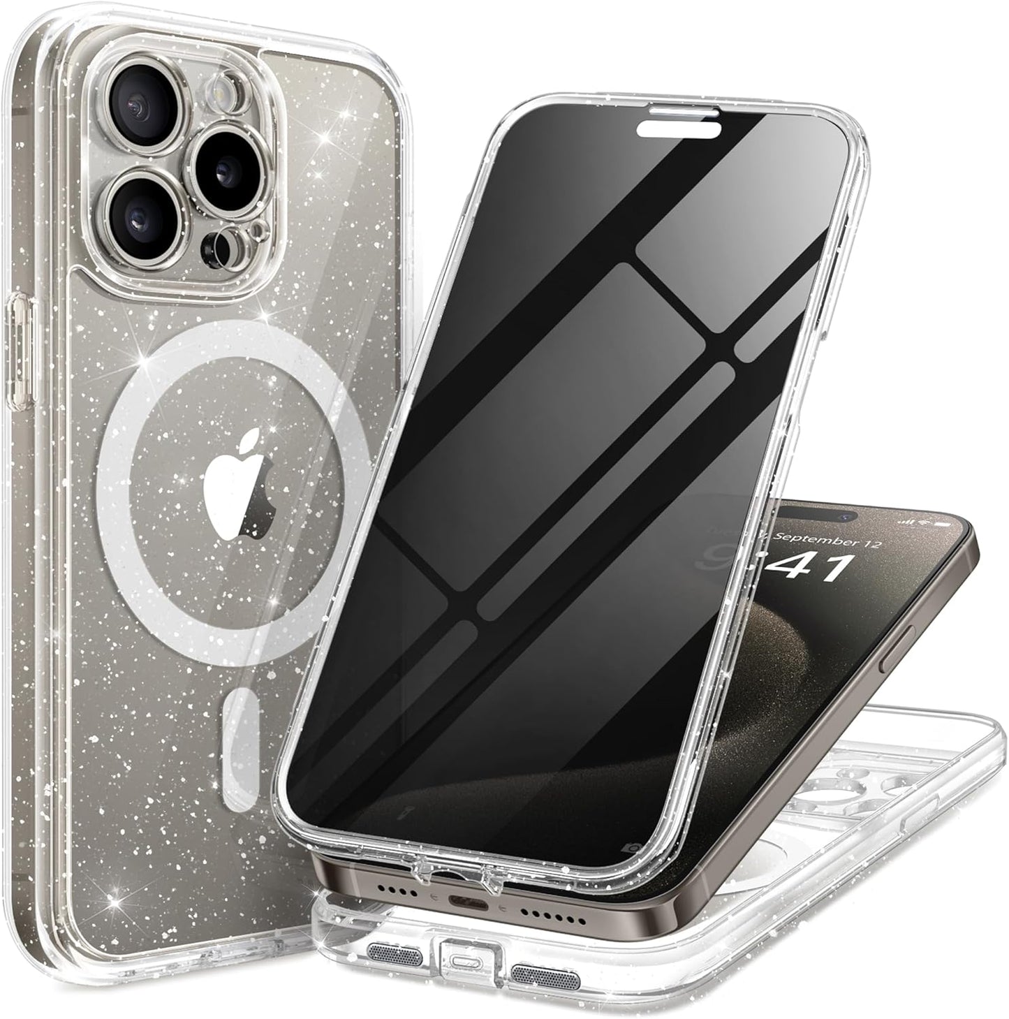 Magnetic for iPhone 15 Pro Case, Compatible with MagSafe, Built-in Privacy Screen Protector and Camera Protection, Anti Spy Full Body Dustproof Shockproof Hard Phone Case 6.1", Shiny Clear
