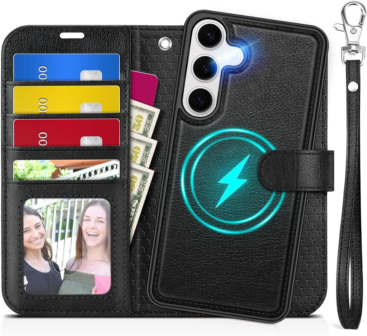 TUCCH Wallet Case for Galaxy S25, [Removable] 2 in 1 [Wireless Charging] Wrist Strap RFID Blocking [4 Card Holders] PU Leather Cover, Magnetic Detachable Stand Folio for Galaxy S25, Textured Black