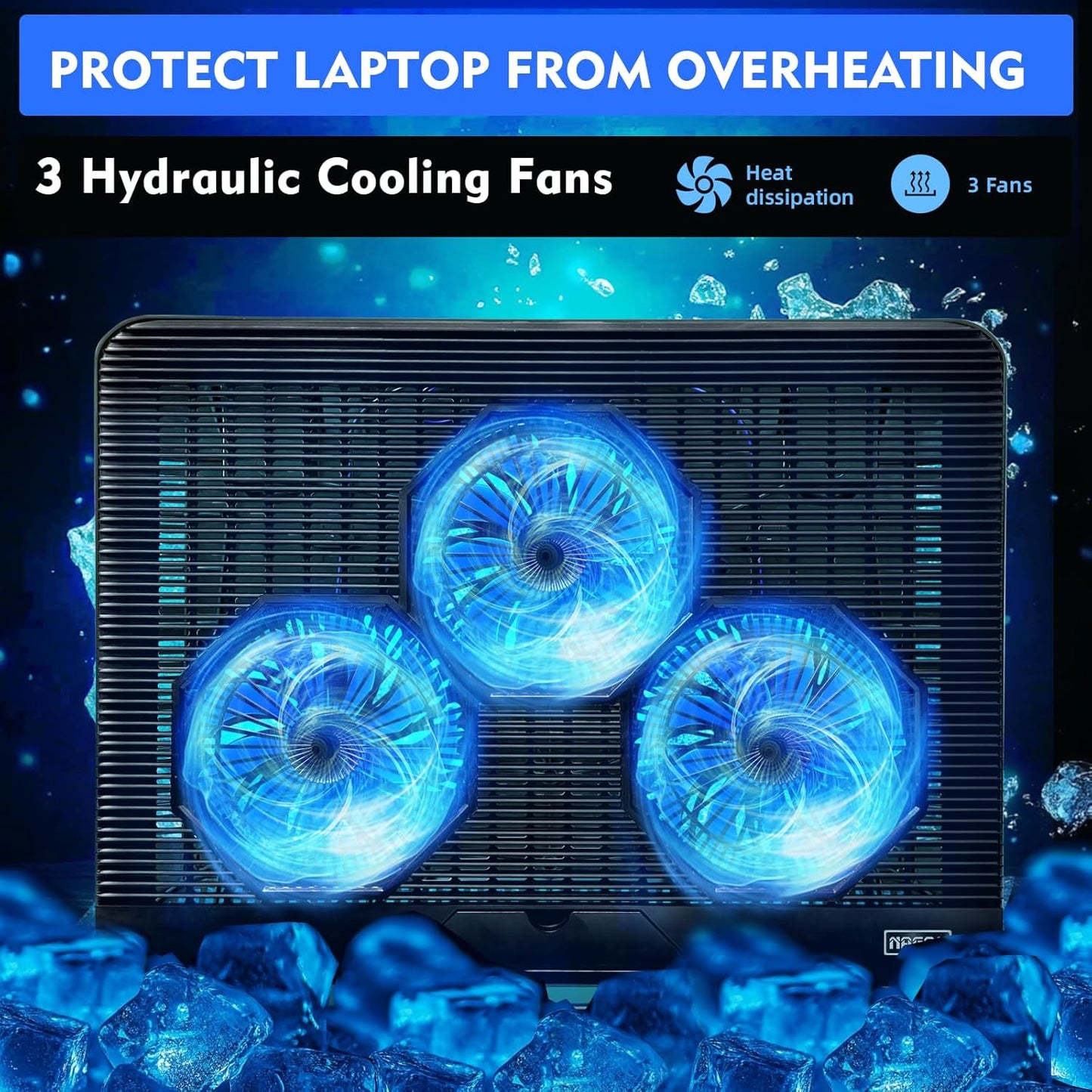 NAGAN Laptop Cooling Pad with Dual USB Ports, USB Powered Cooling Pad for Laptop with 2 Adjustable-Height, 3 Fan with Blue Light, Fits 15-17.3 inch Laptops