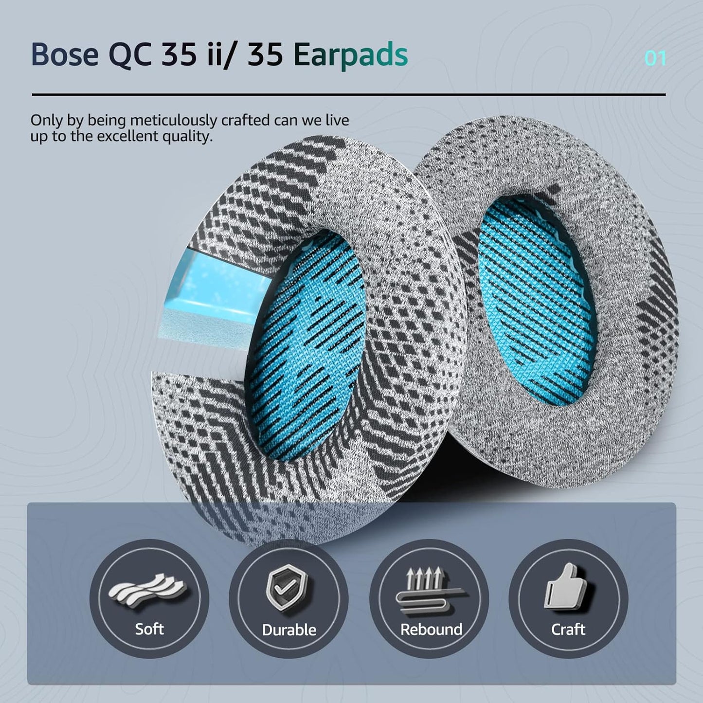 Cooling-Gel QuietComfort 35 / QC35 ii Fabric Replacement Ear Pads for Bose Headphones, Compatible with Bose QC45 QC25 QC2 QC15/ Around-Ear 2 AE2i AE2w/ SoundTrue & SoundLink Series, Blue