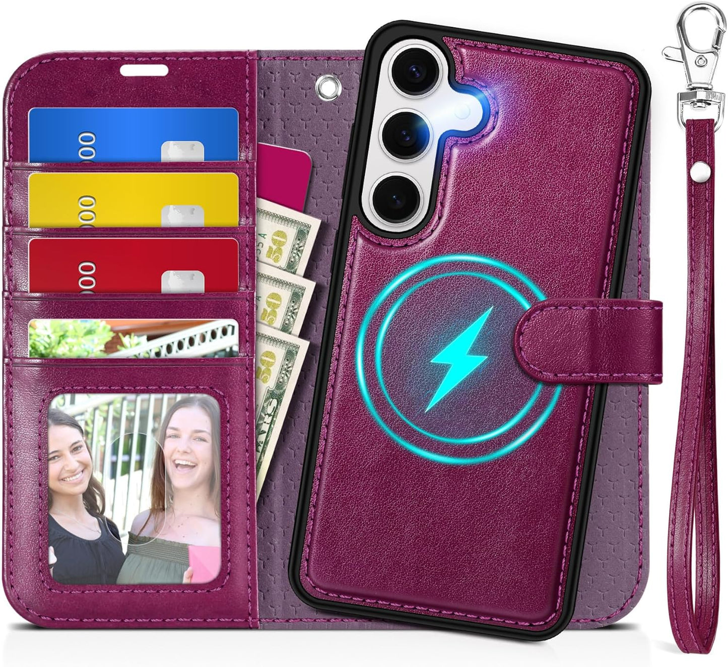 TUCCH Case Wallet for Galaxy S25 Plus, [Detachable] 2 in 1 Magnetic PU Leather Wrist Strap RFID Blocking [Wireless Charging] 4 Card Slot Kickstand Removable Flip Cover for Galaxy S25 Plus, Plum Purple