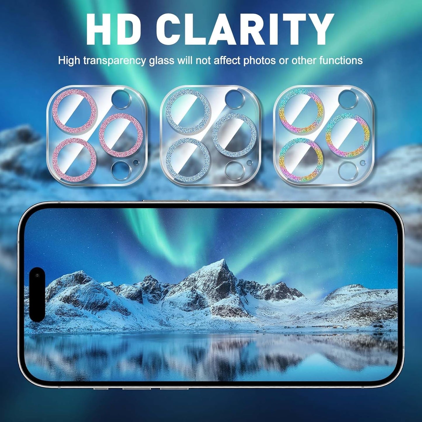 LucBuy 3PCS Sparkling Camera Lens Protector for iPhone 12 Pro, Full Clear Acrylic Cover with Shiny Colorful Glitter Designed Decoration Back Camera Protector