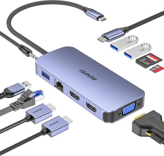 BENFEI 11-in-1 USB C Hub Triple Display Docking Station Dual HDMI, VGA, 3*USB 3.0, 1Gbps Ethernet, 100W Power Delivery, SD/TF Card Reader, 3.5mm AUX Audio Compatible with MacBook XPS Surface
