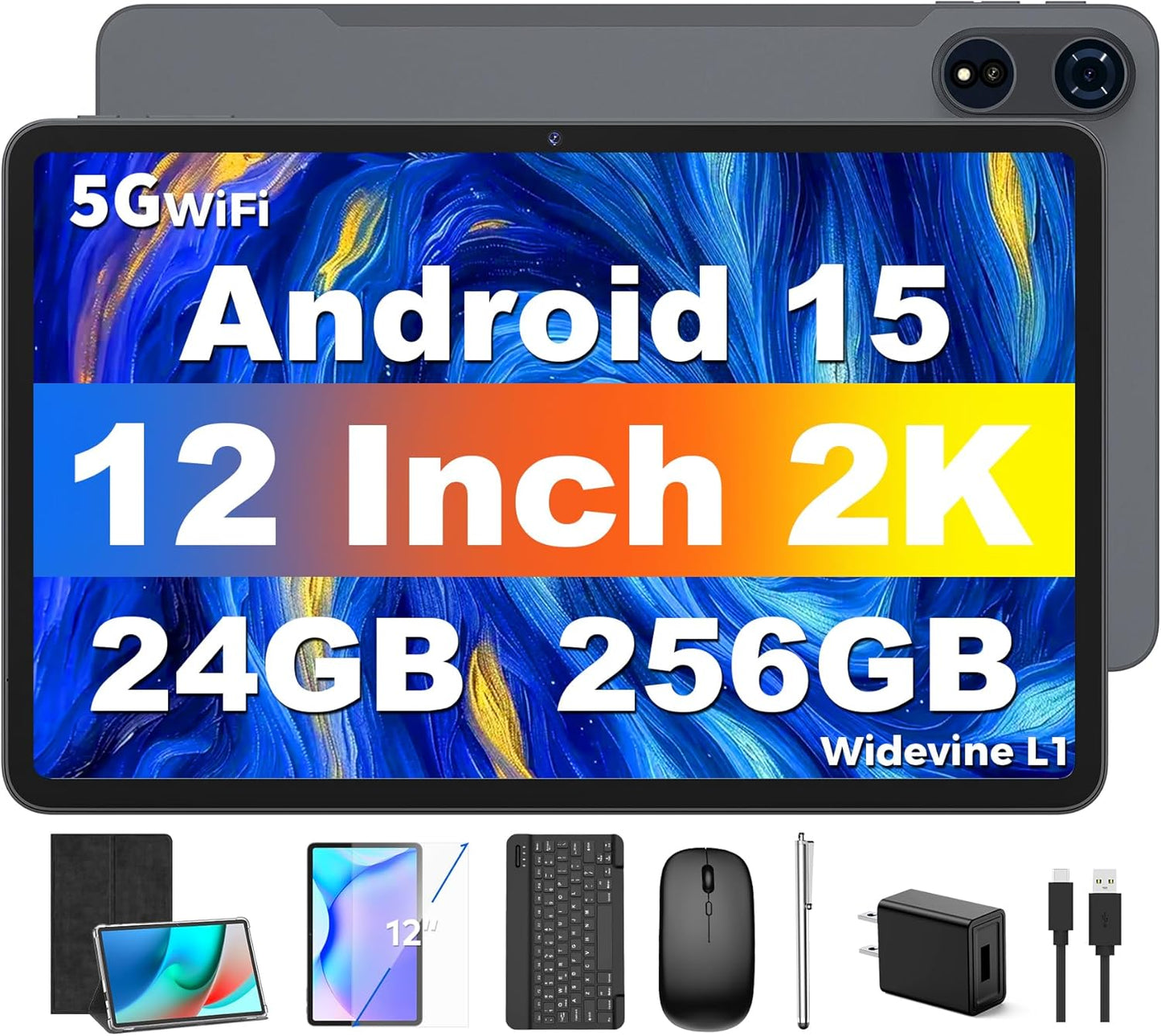 Tablet 12 inch Android 15 Tablets, 24GB（8+16）RAM+256 Storage(Expand to 1TB), Android Tablet with Keyboard, Octa-Core, 2K 2000x1200 Display, 16MP Dual Camera, 8000mAh, 5G WiFi,GPS,Bluetooth 5.0（Black）