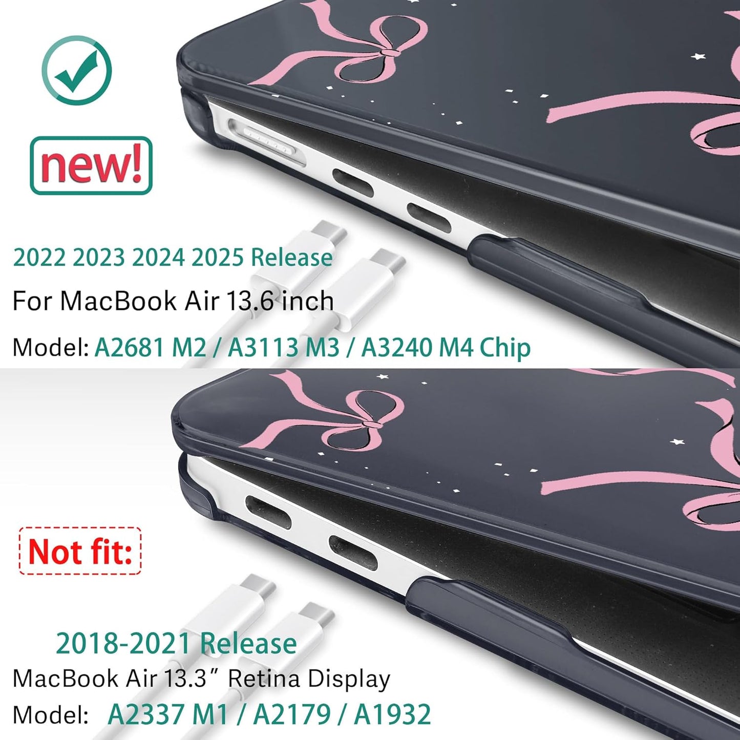 May Chen for MacBook Air 13.6 inch Case A3240 M4 A3113 M3 A2681 M2 with Retina Dispaly, 2025 2024 2023 2022 Release, Plastic Hard Shell Case with Screen Protector & Keyboard Cover, Crystal Black Bow