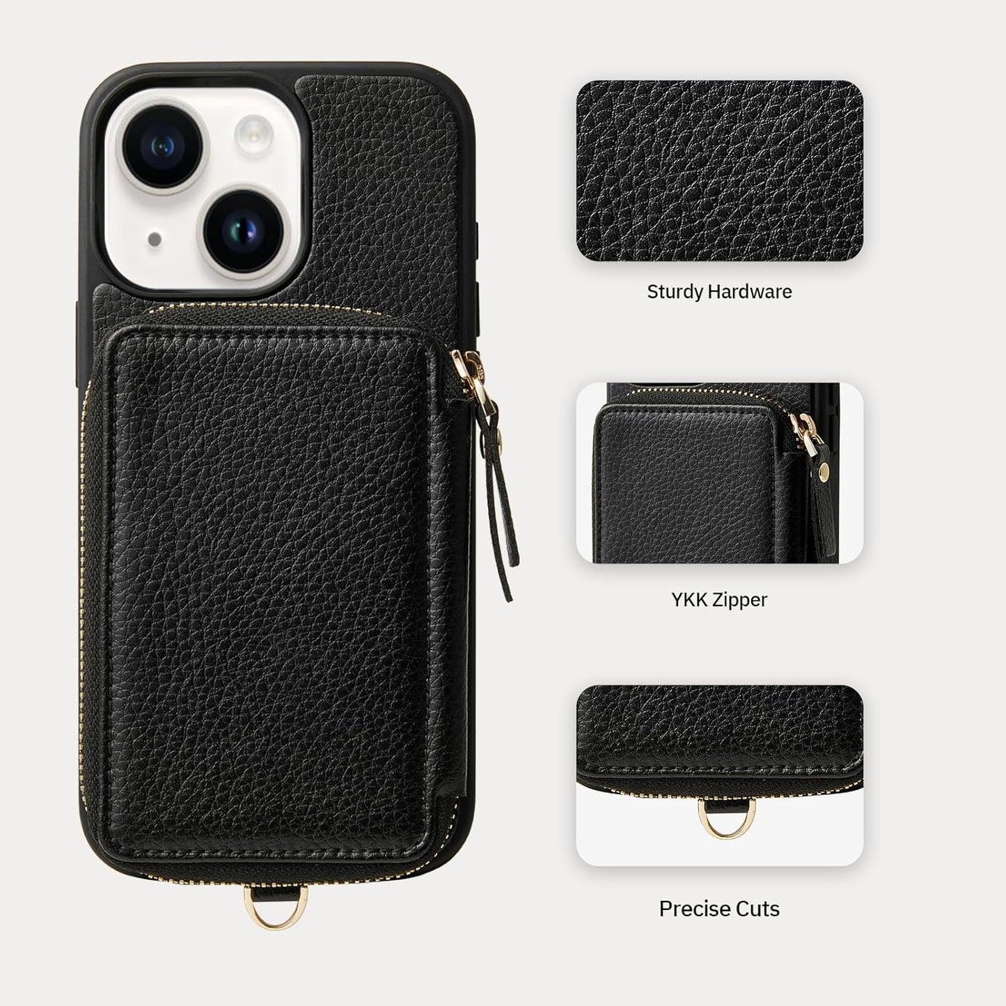 ZVE Wallet Case for iPhone 15, Phone Case Wallet with Card Holder Wrist Strap Compatible iPhone 15, RFID Blocking Zipper Faux Leather Cover for Women Gift for iPhone 15, 6.1"(2023) - Black"