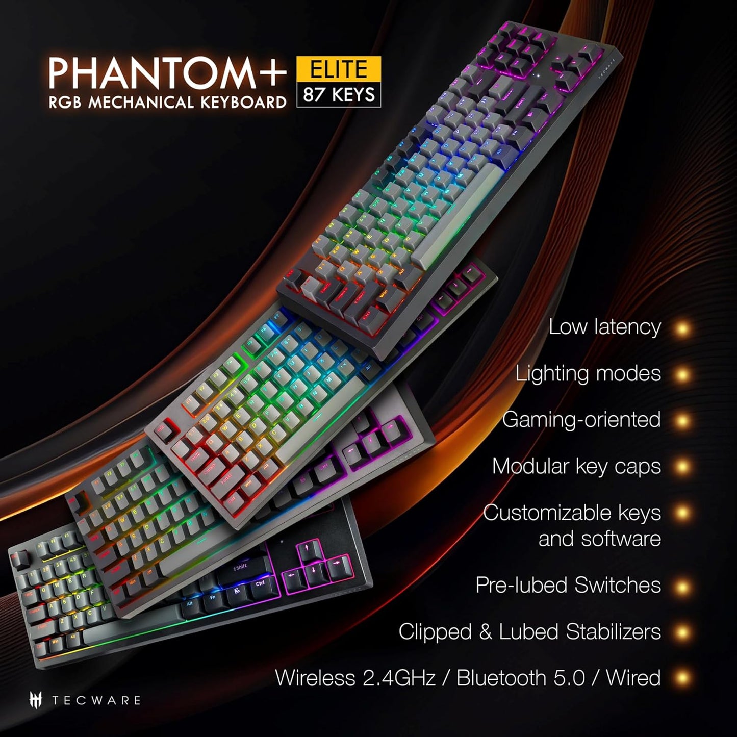 TECWARE Phantom+ Elite 87 Key RGB Mechanical Gaming Keyboard, LED Backlit, Universal Hot-Swap, Wired and Wireless, 3 Mode Connectivity, Thocky Sounding, Black Elite Wraith Brown